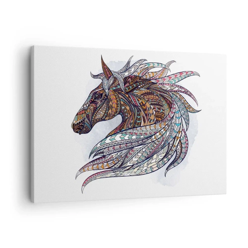 Obraz na plátne - Geometrický kôň s farebnou, detailnou hrivou - 70x50cm - Keltský vojnový or - Moderná nástenná dekorácia do obývacej izby a spálne ARTTOR