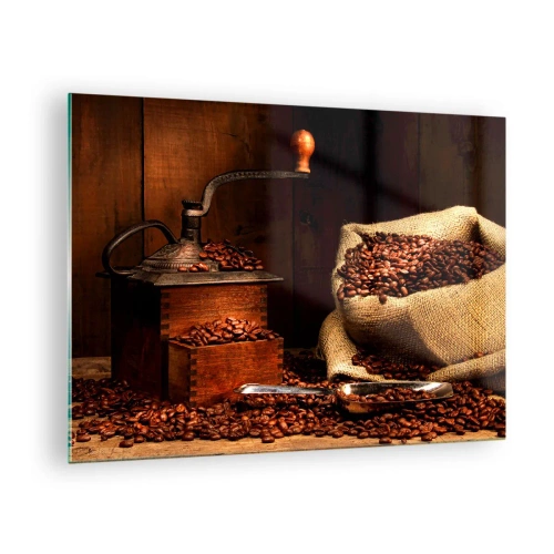 Obraz na skle - Starý mlynček na kávu so zrnami a vreckom kávy - 70x50cm - Zátišie so zrnkami kávy a mlynčekom - Moderná nástenná dekorácia do obývacej izby a spálne ARTTOR