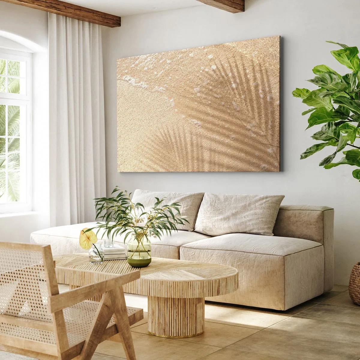 Obraz na plátne - Tieň palmy na piesku s jemným vlnovým vzorom - 70x50cm - Tieň horúceho leta - Moderná nástenná dekorácia do obývacej izby a spálne ARTTOR