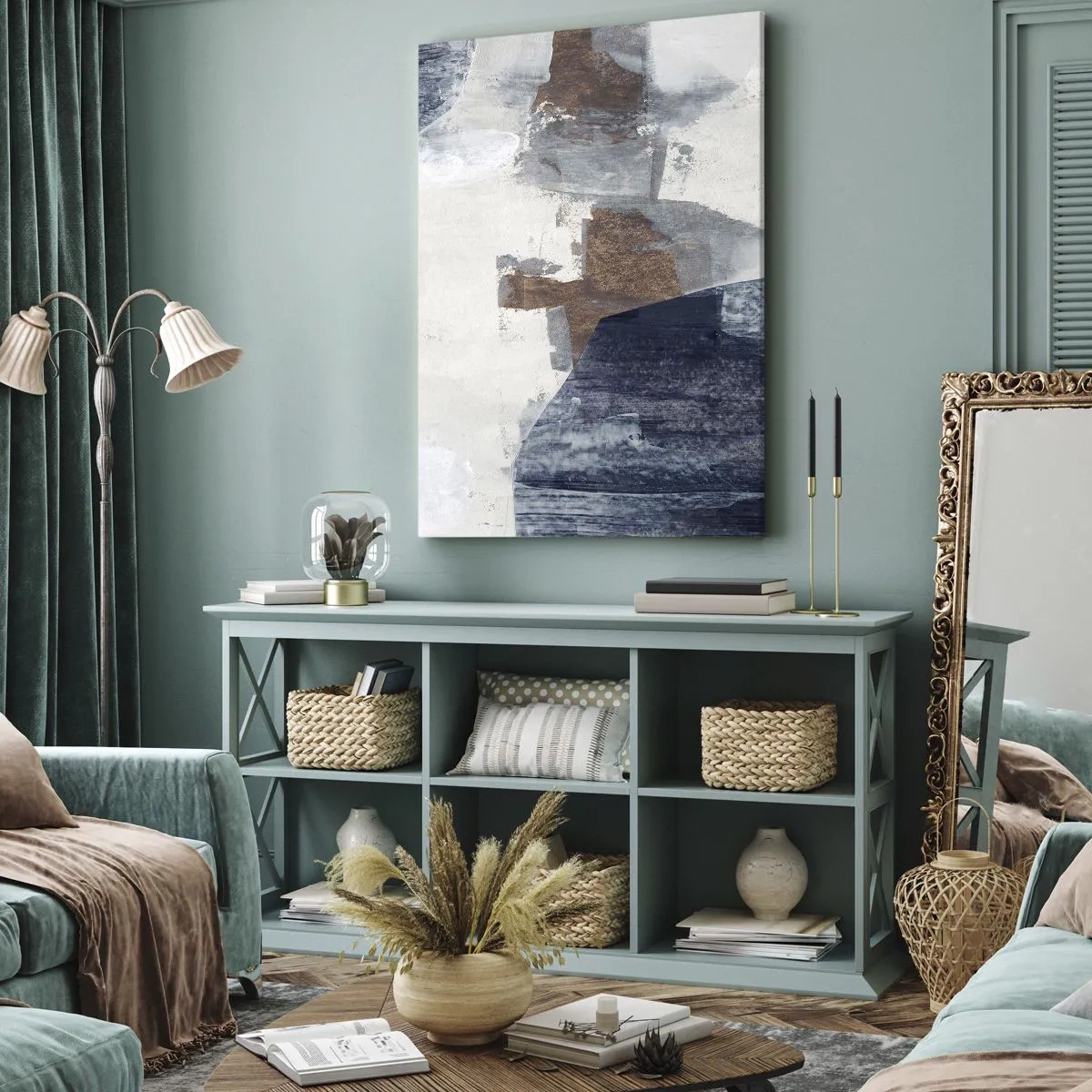 Obraz na plátne - Modro-hnedé tvary - 55x100 cm