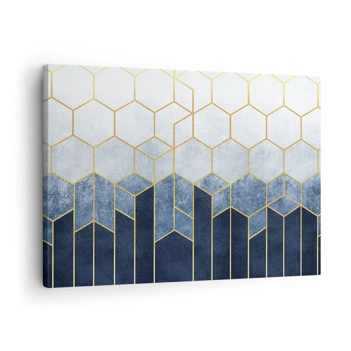 Obraz na plátne - Geometrický vzor v odtieňoch zlatej a tmavomodrej - 70x50cm - Kompozícia v synkopickom rytme - Moderná nástenná dekorácia do obývacej izby a spálne ARTTOR
