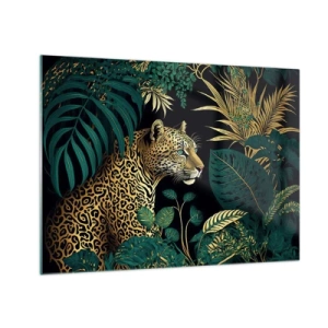 Obraz na skle - Leopard medzi tropickými listami na tmavom pozadí - 70x50cm - Hospodár v džungli - Moderná nástenná dekorácia do obývacej izby a spálne ARTTOR