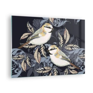 Obraz na skle - Ilustrácia dvoch vtákov na tmavom pozadí s ornamentami - 70x50cm - Žltomodrá pieseň - Moderná nástenná dekorácia do obývacej izby a spálne ARTTOR