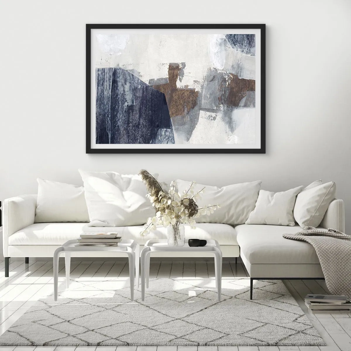 Plagát v čiernom ráme - Modro-hnedé tvary - 70x50 cm
