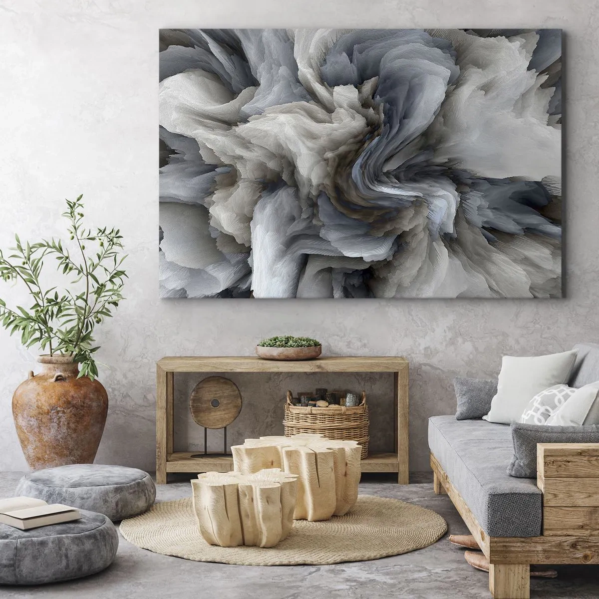 Obraz na plátne - Abstraktný vír v odtieňoch sivej a modrej - 70x50cm - Kameň a kvet - Moderná nástenná dekorácia do obývacej izby a spálne ARTTOR