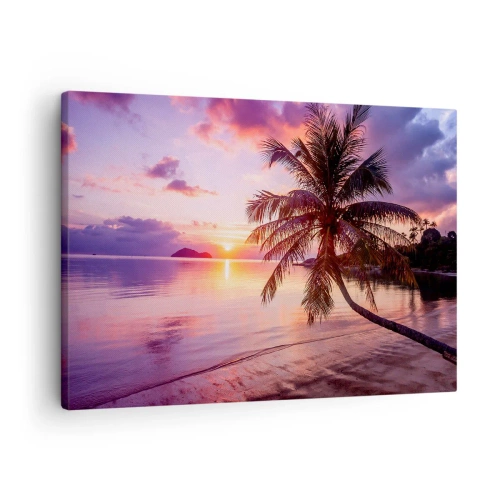 Obraz na plátne - Tropická pláž s palmou pri západe slnka - 70x50cm - Blahobyt až po okraj - Moderná nástenná dekorácia do obývacej izby a spálne ARTTOR