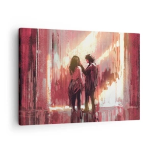 Obraz na plátne - Pár stojaci v teplom svetle na pozadí abstraktných vzorov. - 70x50cm - Večný príbeh lásky - Moderná nástenná dekorácia do obývacej izby a spálne ARTTOR