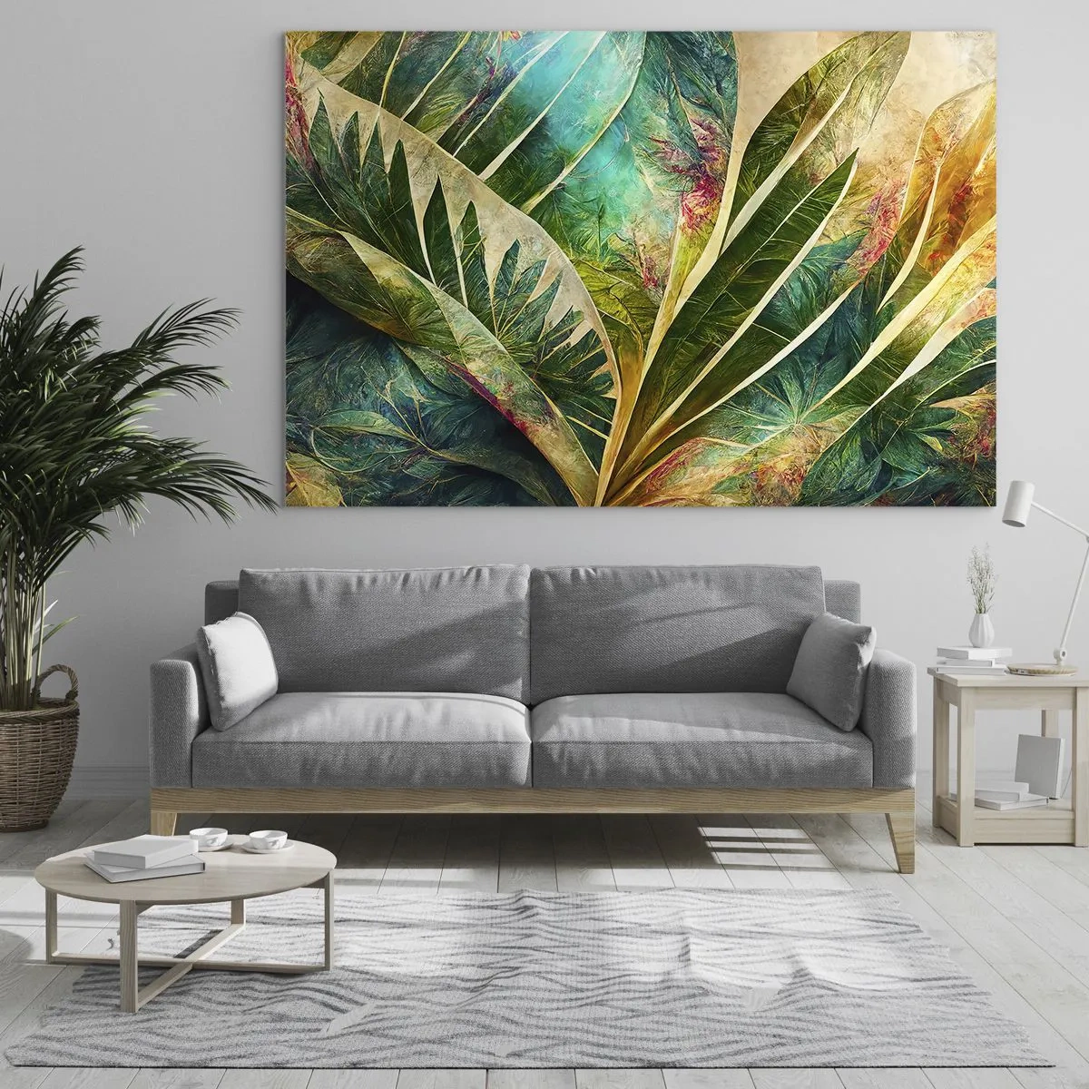 Obraz na skle - Farebné listy s tropickým nádychom - 70x50cm - Farby trópov - Moderná nástenná dekorácia do obývacej izby a spálne ARTTOR