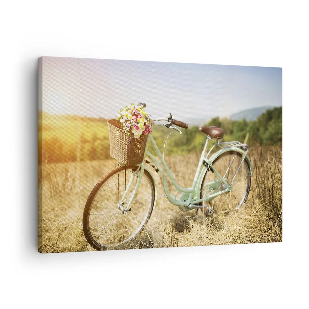 Obraz na plátne - Retro bicykel s košíkom plným kvetov na pozadí lúky. - 70x50cm - Chvíľu tu zostanem - Moderná nástenná dekorácia do obývacej izby a spálne ARTTOR