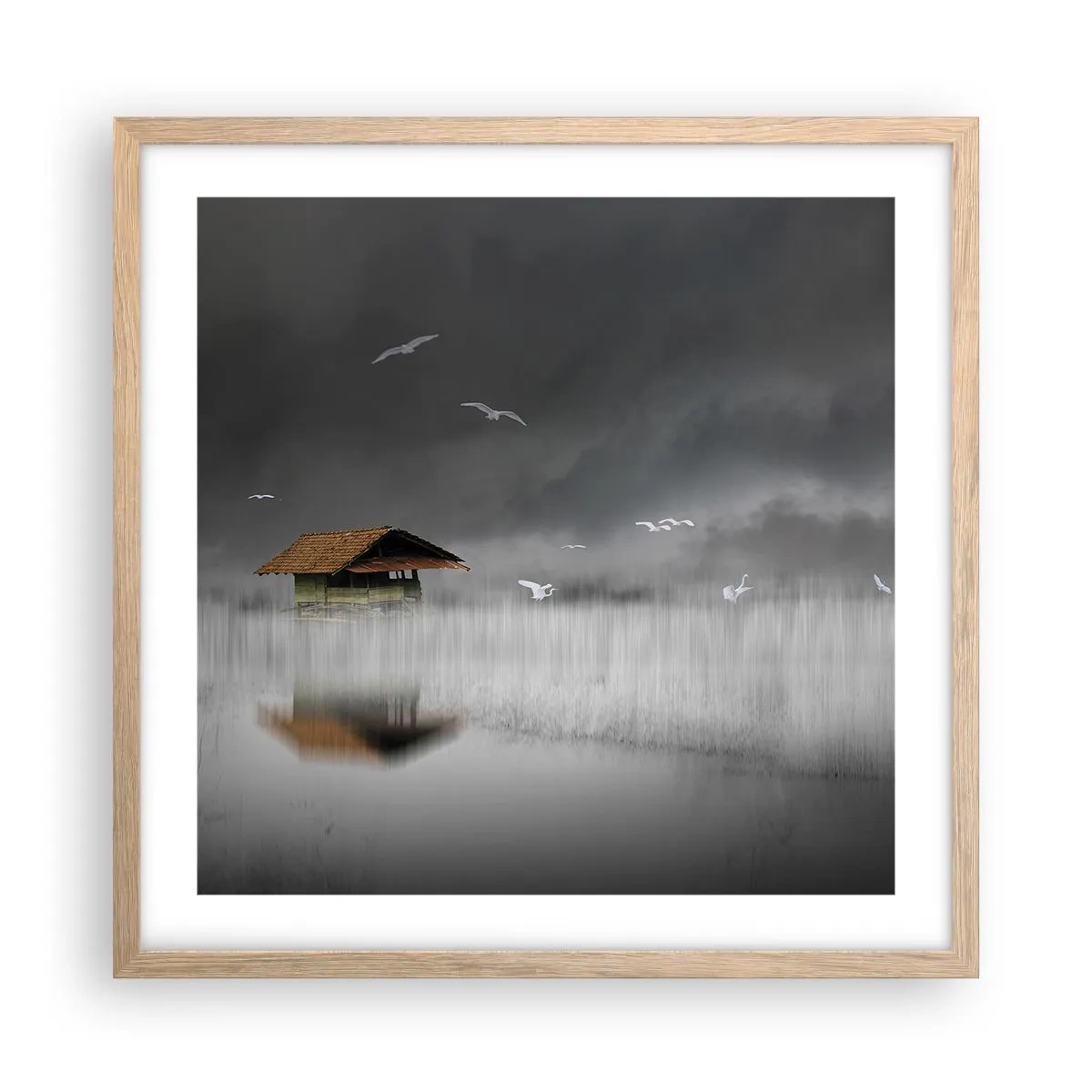 Plagát v ráme zo svetlého duba - Úkryt pred dažďom - 50x50 cm