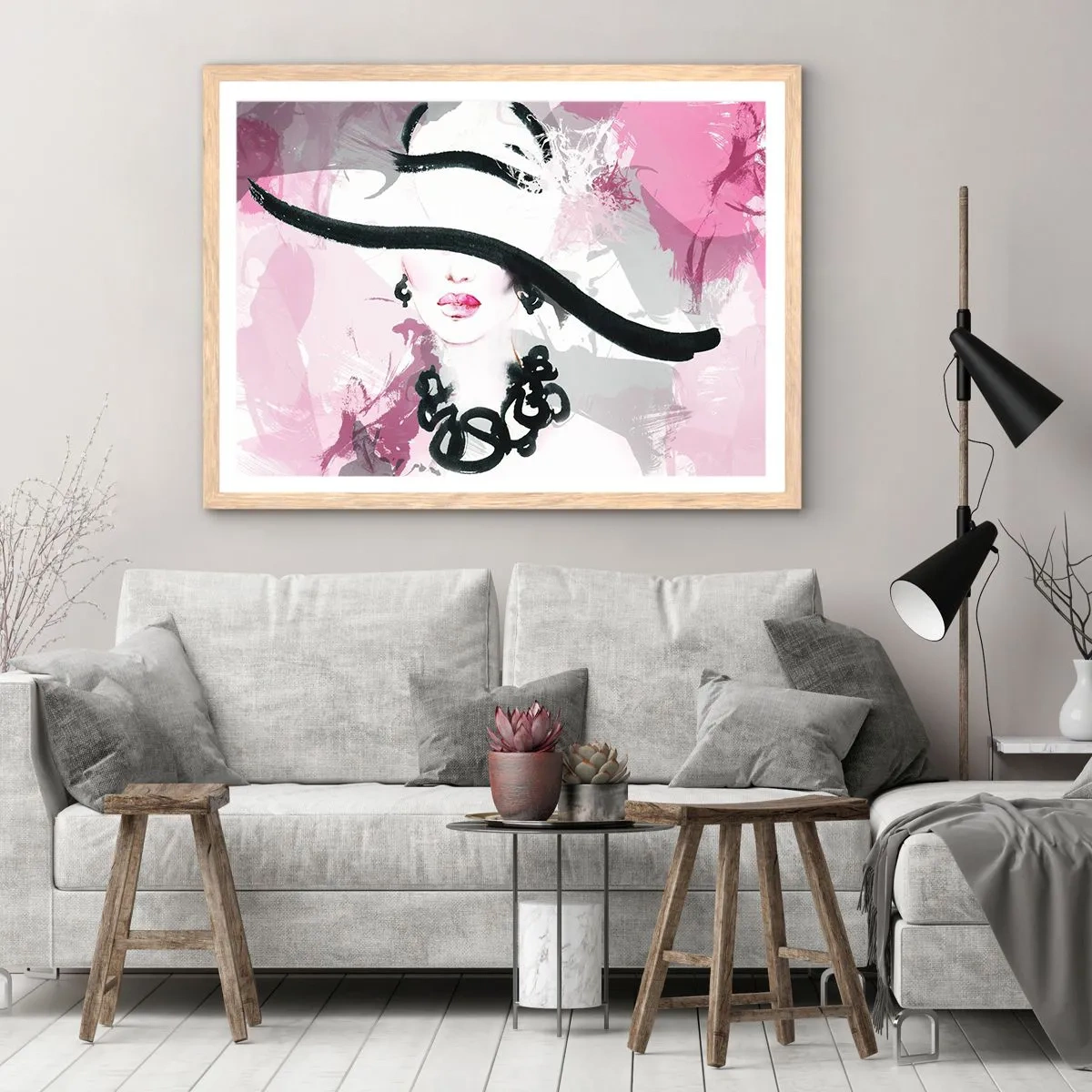 Plagát v ráme zo svetlého duba - Portrét dámy v čiernej a ružovej - 100x70 cm
