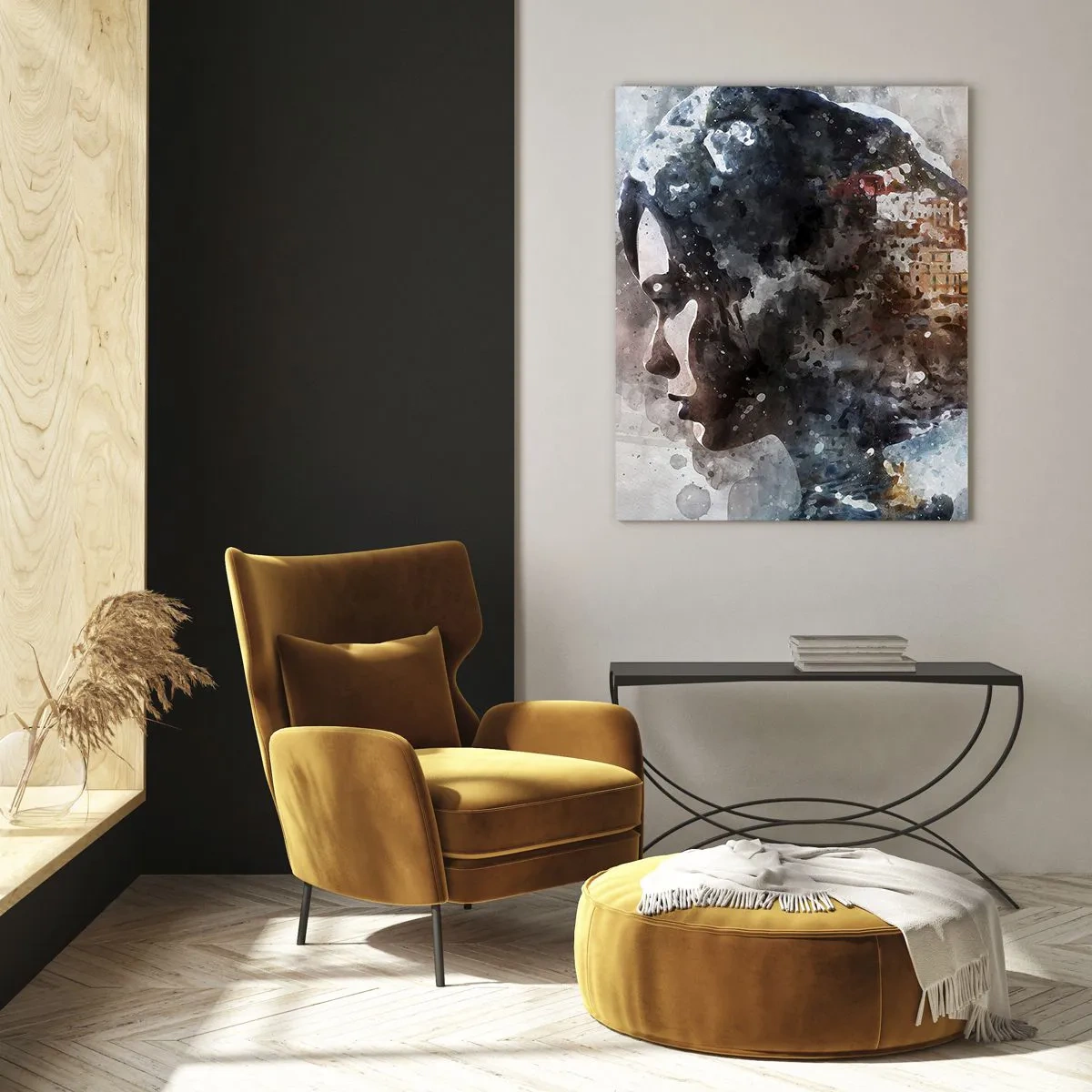 Obraz na skle - Príbeh o dievčati s mestom v pozadí - 50x70 cm