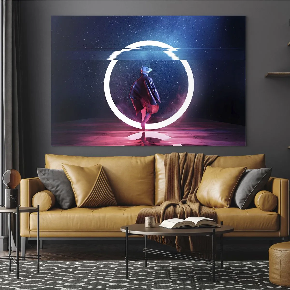 Obraz na skle - Postava vo futuristickom prostredí s neónovým krúžkom - 70x50cm - Medzi svetmi - Moderná nástenná dekorácia do obývacej izby a spálne ARTTOR