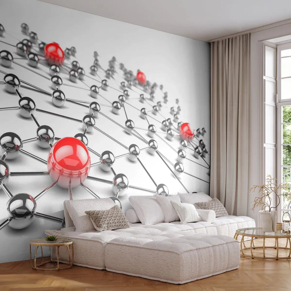 Samolepiaca Fototapeta Deluxe Sticker - Strieborná sieť - Abstrakcia, Kovové gule, 3D - 250x175 cm