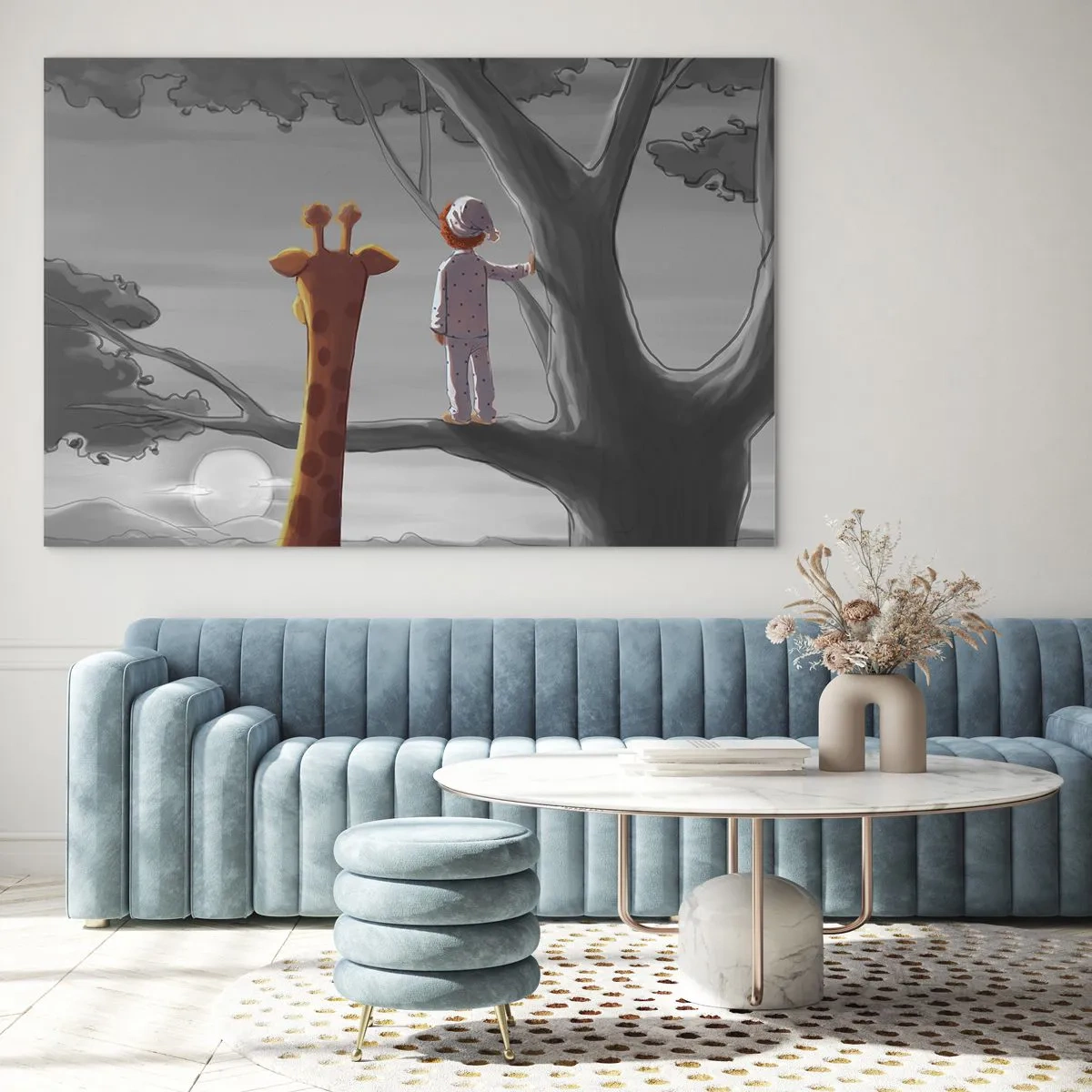 Obraz na skle - Dieťa v pyžame a žirafa sledujú západ slnka zo stromu. - 70x50cm - To sa naozaj deje - Moderná nástenná dekorácia do obývacej izby a spálne ARTTOR