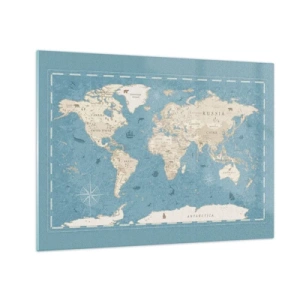 Obraz na skle - Štylizovaná mapa sveta na modrom pozadí - 70x50cm - Svet na dosah ruky - Moderná nástenná dekorácia do obývacej izby a spálne ARTTOR