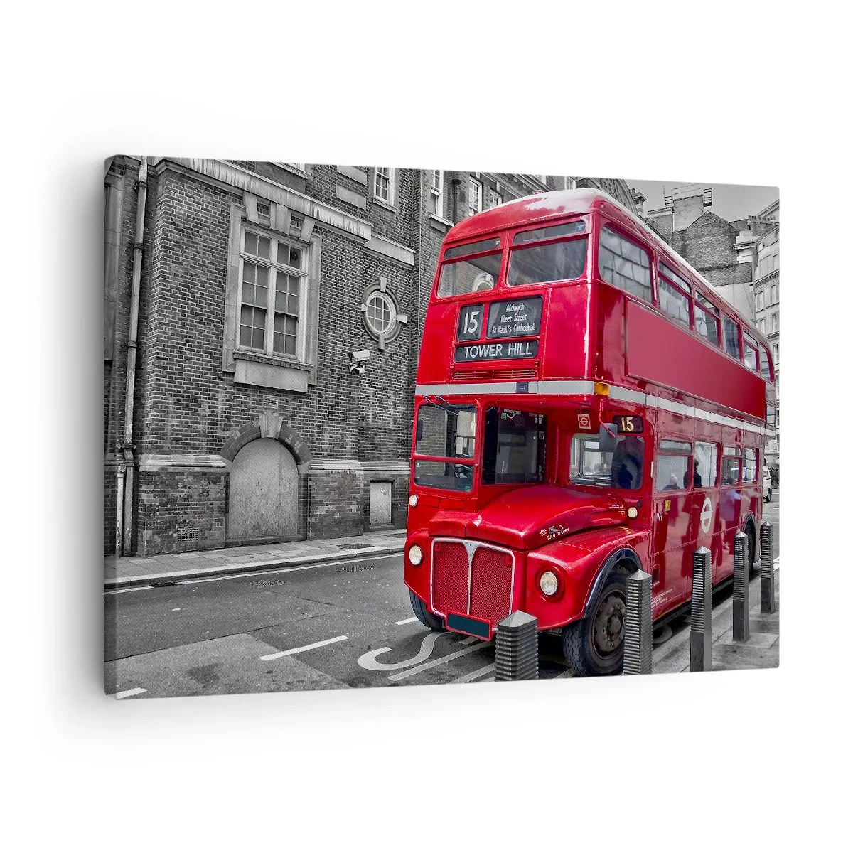 Obraz na plátne - Červený dvojposchodový autobus v Londýne na pozadí klasickej architektúry - 70x50cm - Vždy rovnaký - Moderná nástenná dekorácia do obývacej izby a spálne ARTTOR