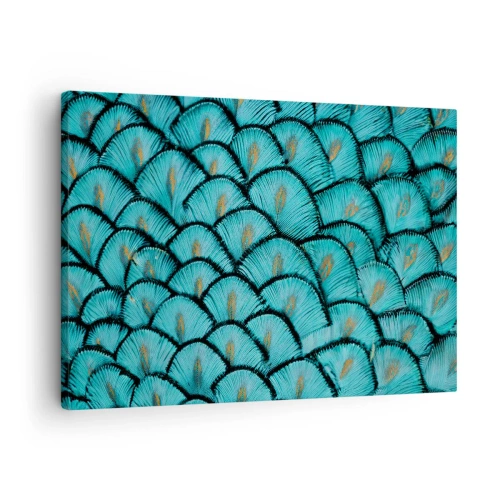Obraz na plátne - Vzor pripomínajúci tyrkysové šupiny so zlatými akcentmi - 70x50cm - Veľká slávnosť peria - Moderná nástenná dekorácia do obývacej izby a spálne ARTTOR