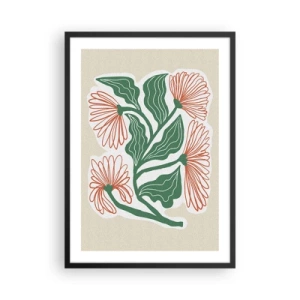 Plagát v čiernom ráme - Abstraktný motív kvetu a listu na béžovom pozadí - 50x70cm - Ľudové aj moderné - Moderná nástenná dekorácia do obývacej izby a spálne ARTTOR