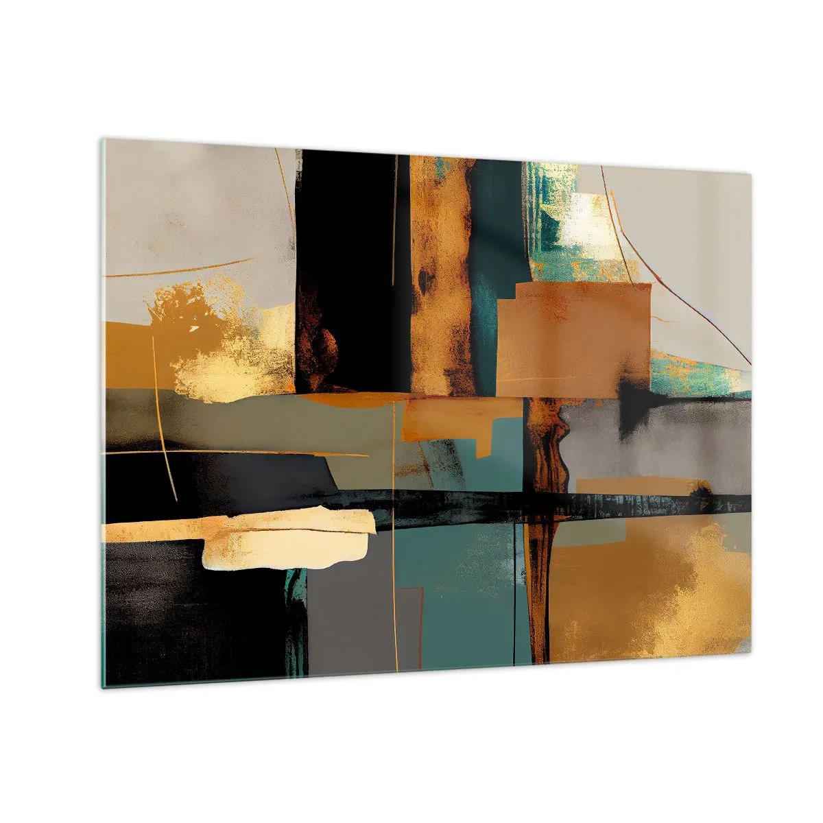 Obraz na skle - Moderná abstrakcia s kontrastnou zlatou, čiernou a tyrkysovou - 70x50cm - Abstrakcia – svetlo a tieň - Moderná nástenná dekorácia do obývacej izby a spálne ARTTOR