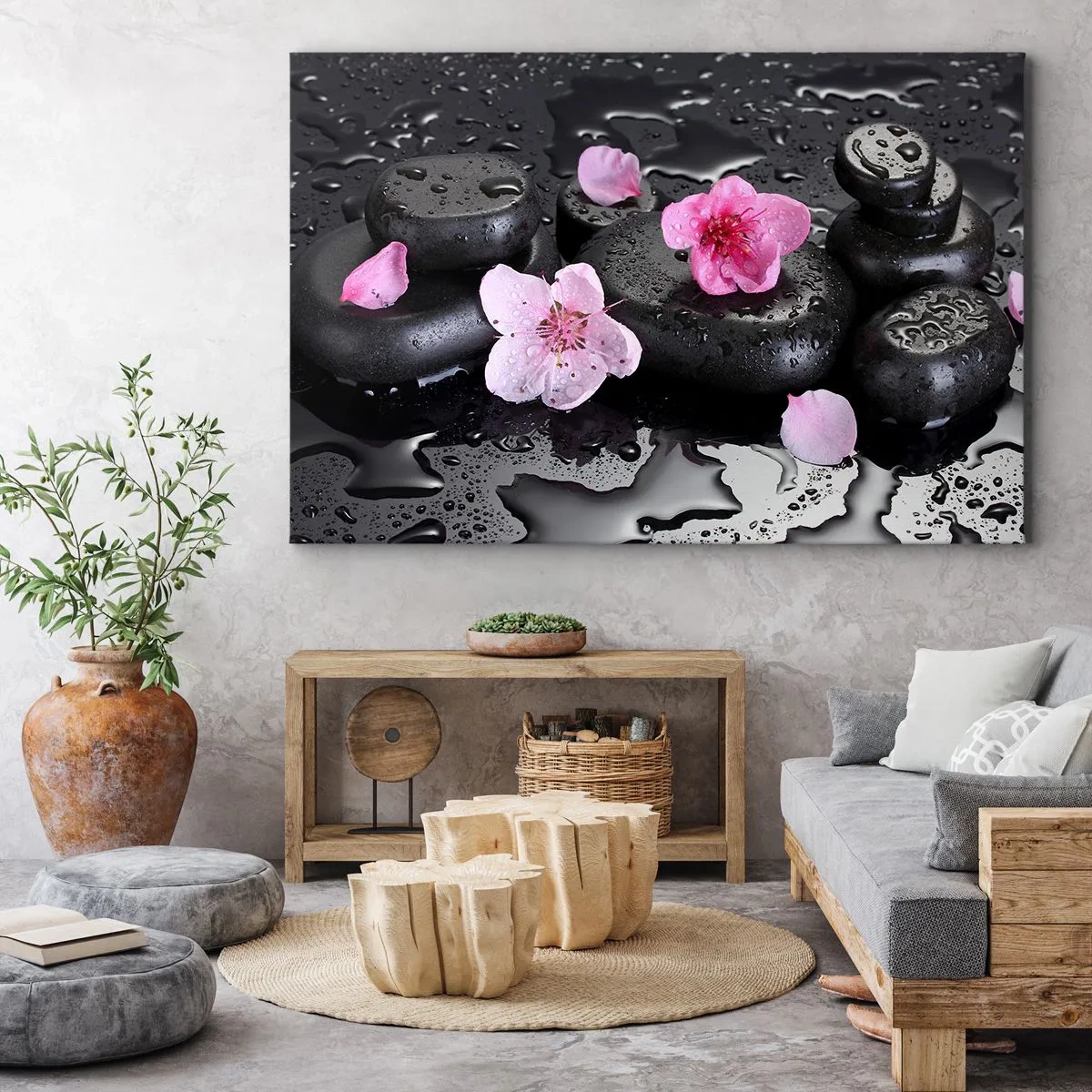 Obraz na plátne - Čierne kamene a ružové kvety v kúpeľnom štýle - 70x50cm - A kameň spadol zo srdca - Moderná nástenná dekorácia do obývacej izby a spálne ARTTOR