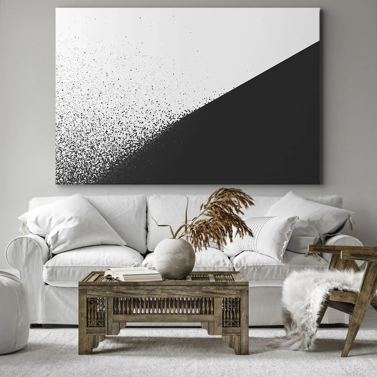 Obraz na plátne - Minimalistická abstrakcia v čiernej a bielej farbe s rozptýlenými bodkami - 70x50cm - Rýchlejšie a rýchlejšie, viac a viac - Moderná nástenná dekorácia do obývacej izby a spálne ARTTOR