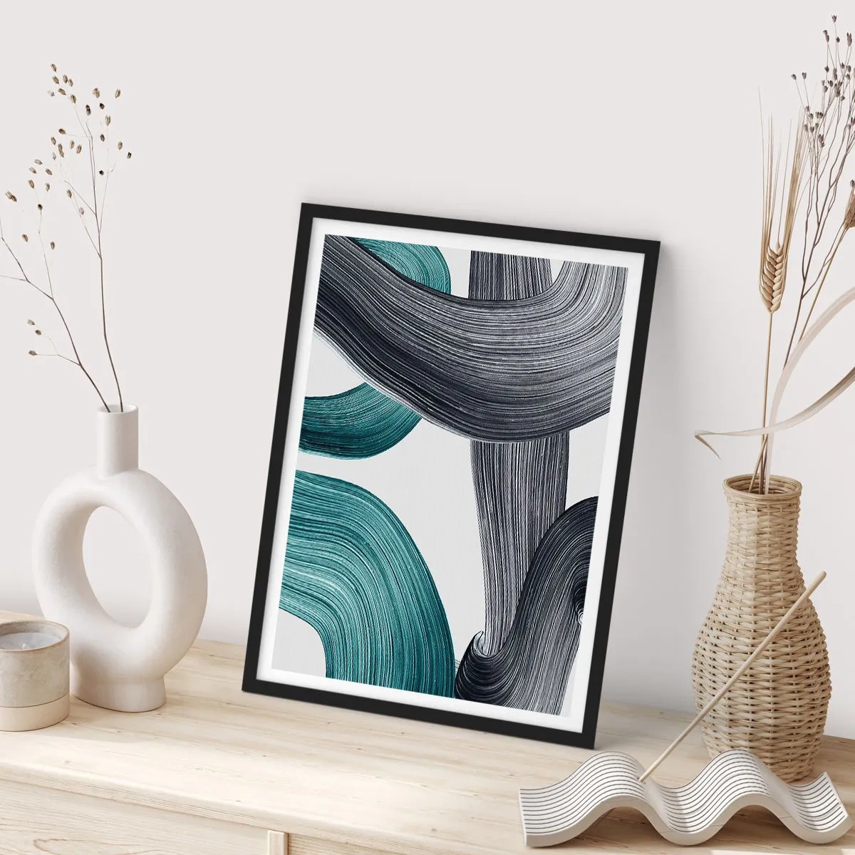 Plagát v čiernom ráme - Smaragdové a čierne vlny - 70x100 cm