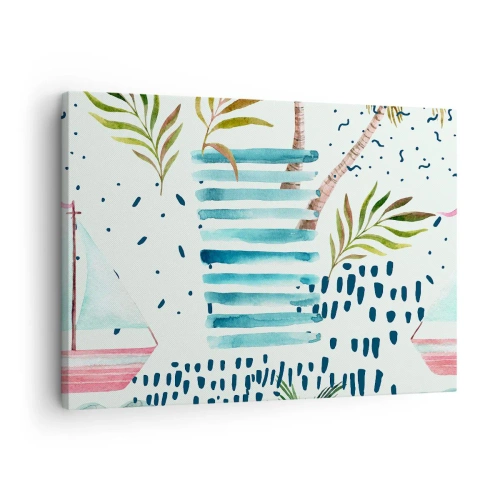 Obraz na plátne - Abstraktný vzor s palmami a námorníckymi akcentmi - 70x50cm - Prázdniny pod palmami - Moderná nástenná dekorácia do obývacej izby a spálne ARTTOR