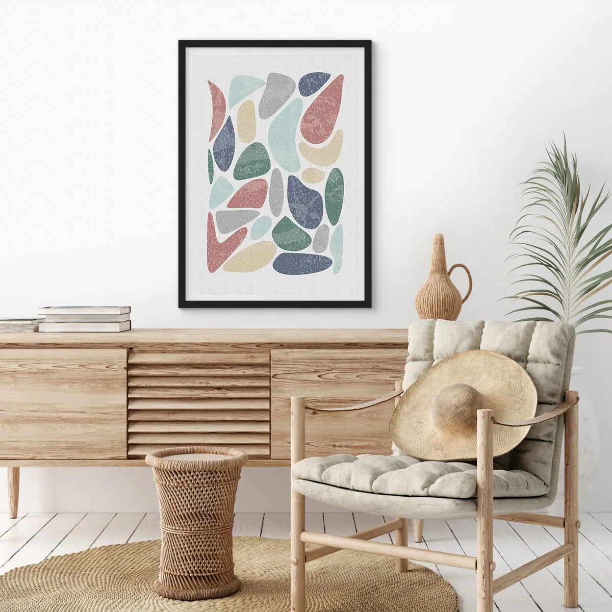 Plagát v čiernom ráme - Abstraktné kamene v pastelových odtieňoch - 50x70cm - Mozaika práškových farieb - Moderná nástenná dekorácia do obývacej izby a spálne ARTTOR