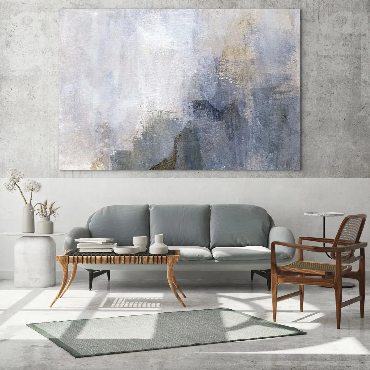 Obraz na skle - Abstraktná kompozícia v chladných modrých a béžových tónoch. - 70x50cm - Tóny a akordy farieb - Moderná nástenná dekorácia do obývacej izby a spálne ARTTOR