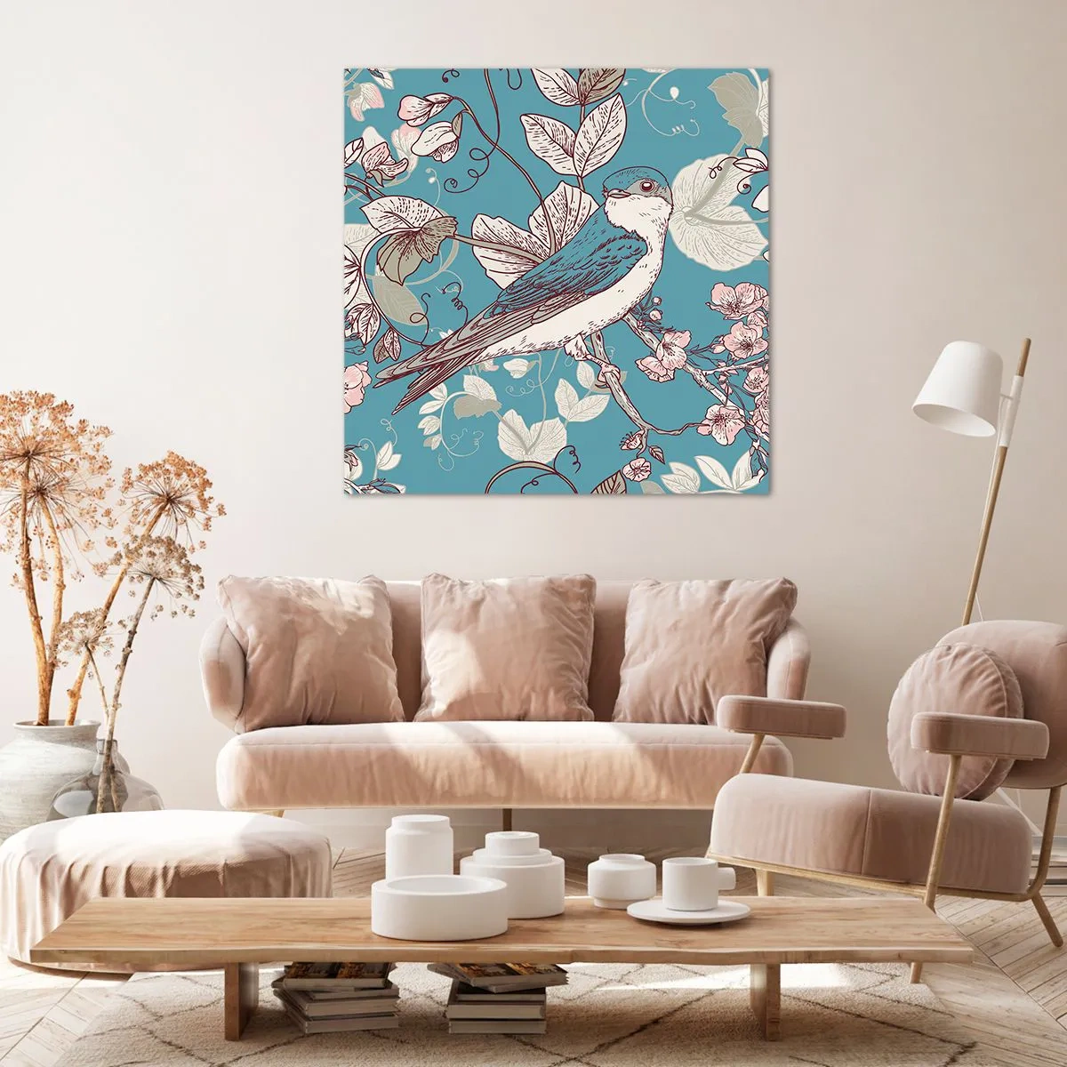 Obraz na plátne - Na bielom strome vtáky a strieborné lístie - 60x60 cm