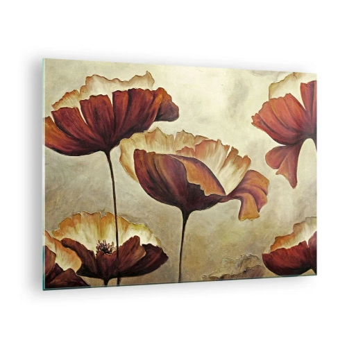 Obraz na skle - Makové kvety v odtieňoch červenej a zlatej na svetlom pozadí - 70x50cm - Lán lúky - Moderná nástenná dekorácia do obývacej izby a spálne ARTTOR