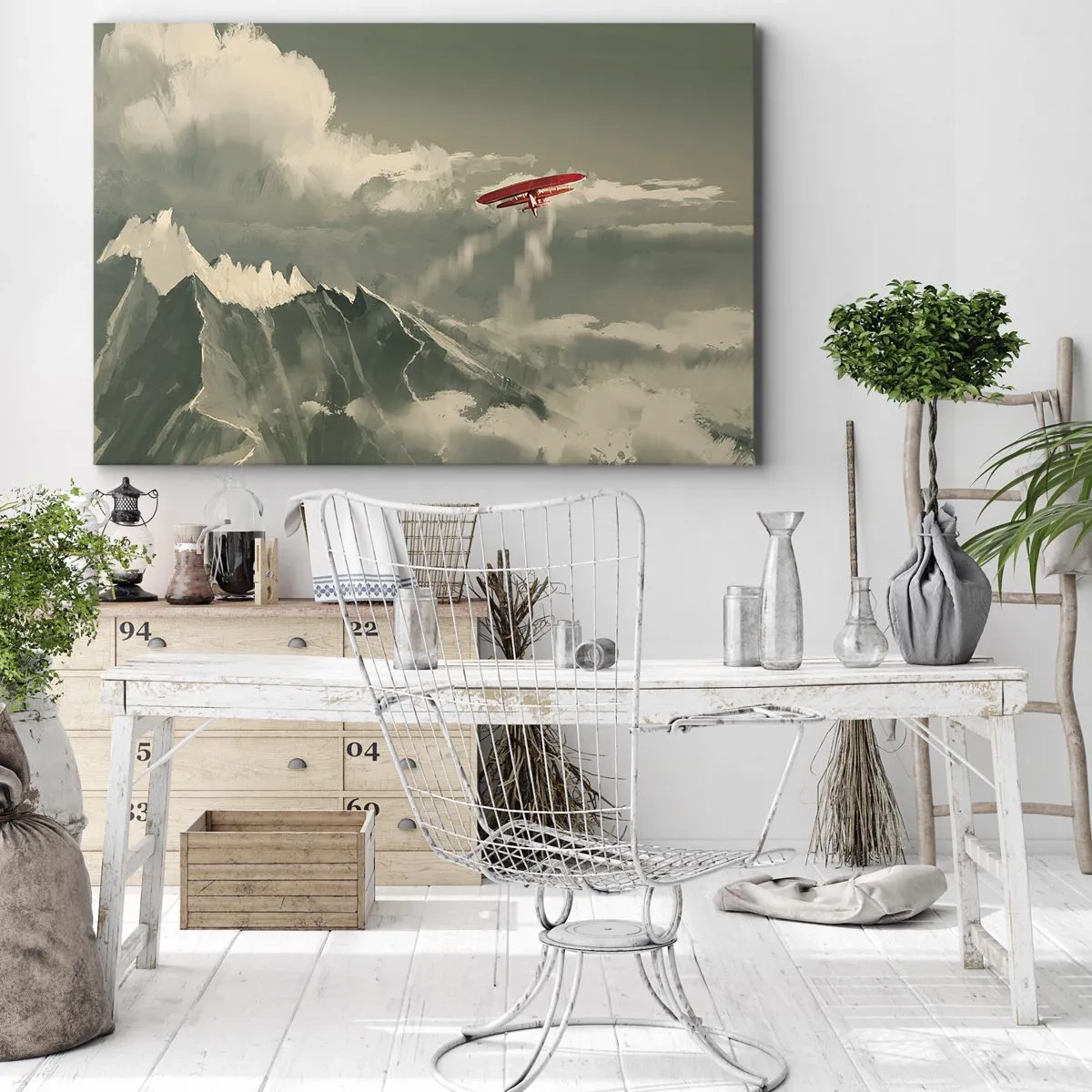 Obraz na plátne - Červené lietadlo nad zasneženými horami - 70x50cm - Nebojácny priekopník - Moderná nástenná dekorácia do obývacej izby a spálne ARTTOR