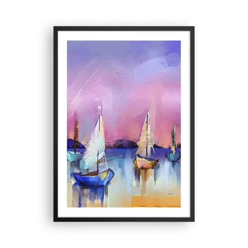 Plagát v čiernom ráme - Abstraktné plachetnice na farebnom pozadí - 50x70cm - Smer: široká voda - Moderná nástenná dekorácia do obývacej izby a spálne ARTTOR