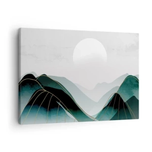 Obraz na plátne - Abstraktná horská krajina s mesiacom a zlatými čiarami - 70x50cm - V plnom majestáte - Moderná nástenná dekorácia do obývacej izby a spálne ARTTOR