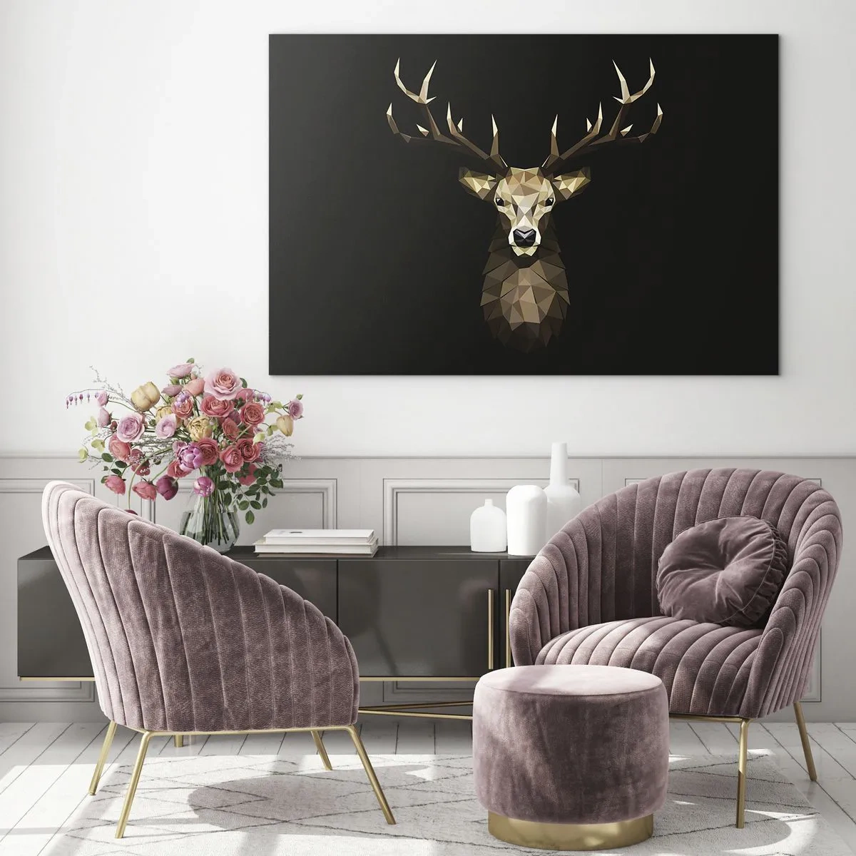 Obraz na skle - Geometrický jeleň na čiernom pozadí - 70x50cm - Kubistický jeleň - Moderná nástenná dekorácia do obývacej izby a spálne ARTTOR