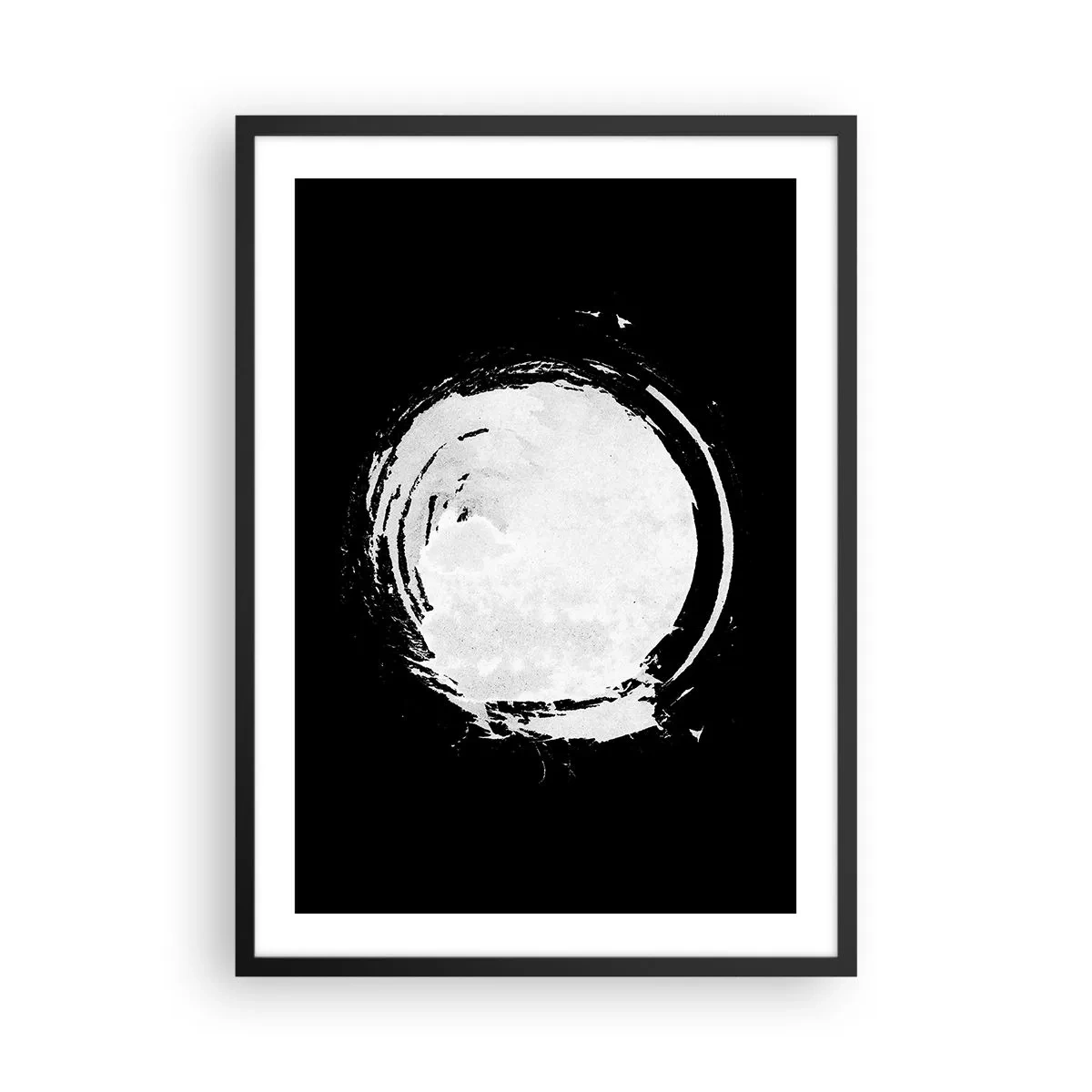 Plagát v čiernom ráme - Biely abstraktný kruhový tvar na čiernom pozadí - 50x70cm - Správne riešenie - Moderná nástenná dekorácia do obývacej izby a spálne ARTTOR