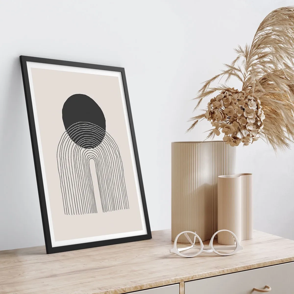 Plagát v čiernom ráme - Minimalistický čiernobiely motív kruhov a čiar - 50x70cm - Chvenie a istota - Moderná nástenná dekorácia do obývacej izby a spálne ARTTOR