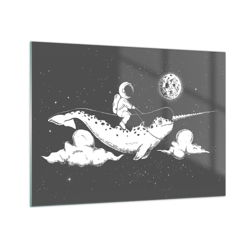 Obraz na skle - Astronaut jazdiaci na narvale vo vesmírnom prostredí - 70x50cm - Vesmírny jazdec - Moderná nástenná dekorácia do obývacej izby a spálne ARTTOR
