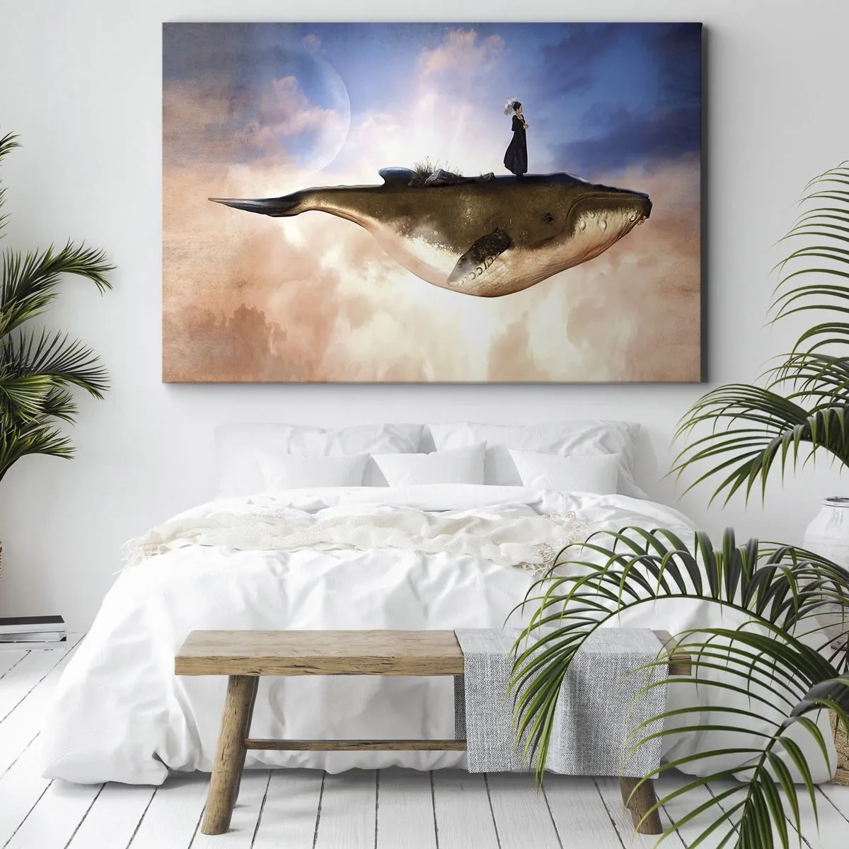Obraz na plátne - Fantastická scéna ženy na veľrybe medzi oblakmi - 70x50cm - Surrealistická cesta - Moderná nástenná dekorácia do obývacej izby a spálne ARTTOR