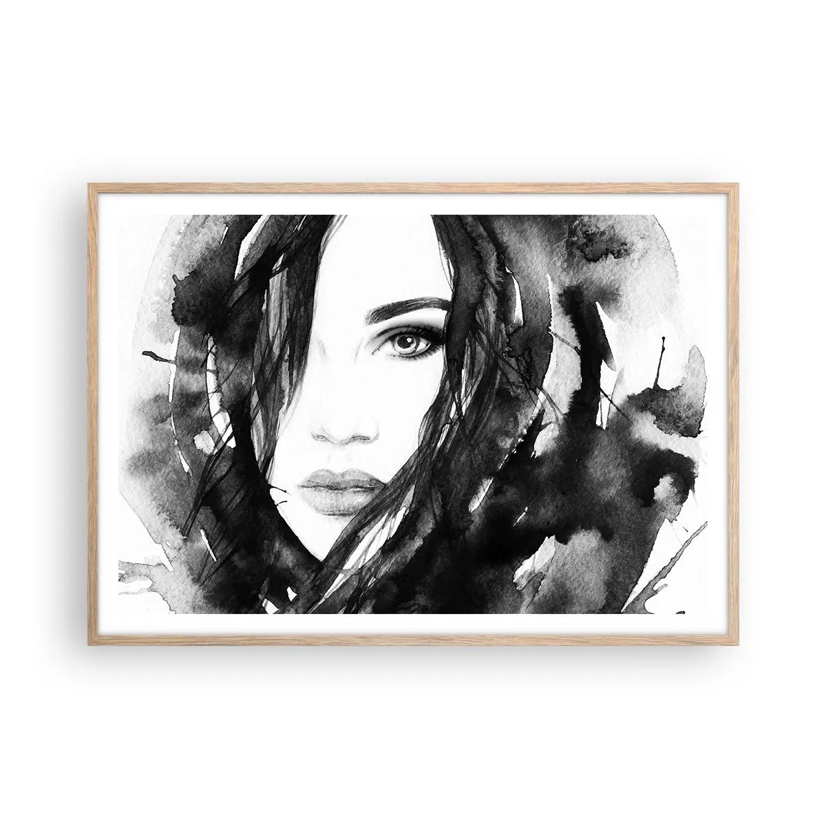 Plagát v ráme zo svetlého duba - Portrét dámy v čiernej a bielej - 100x70 cm