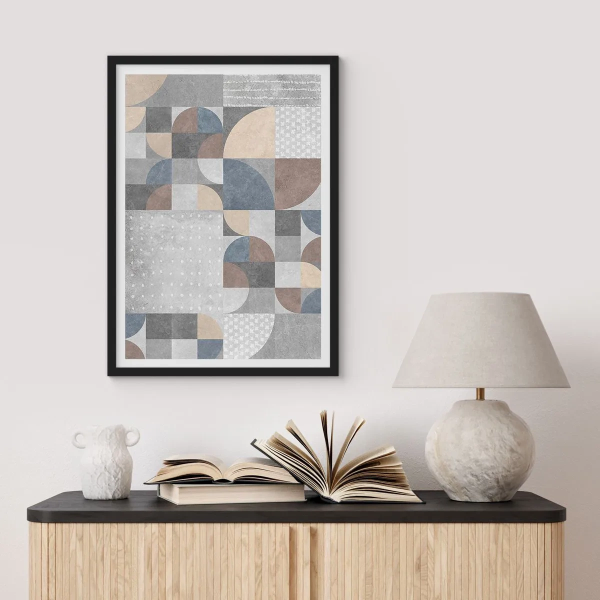 Plagát v čiernom ráme - Geometrický vzor v odtieňoch sivej a modrej - 50x70cm - Keramická fantázia - Moderná nástenná dekorácia do obývacej izby a spálne ARTTOR