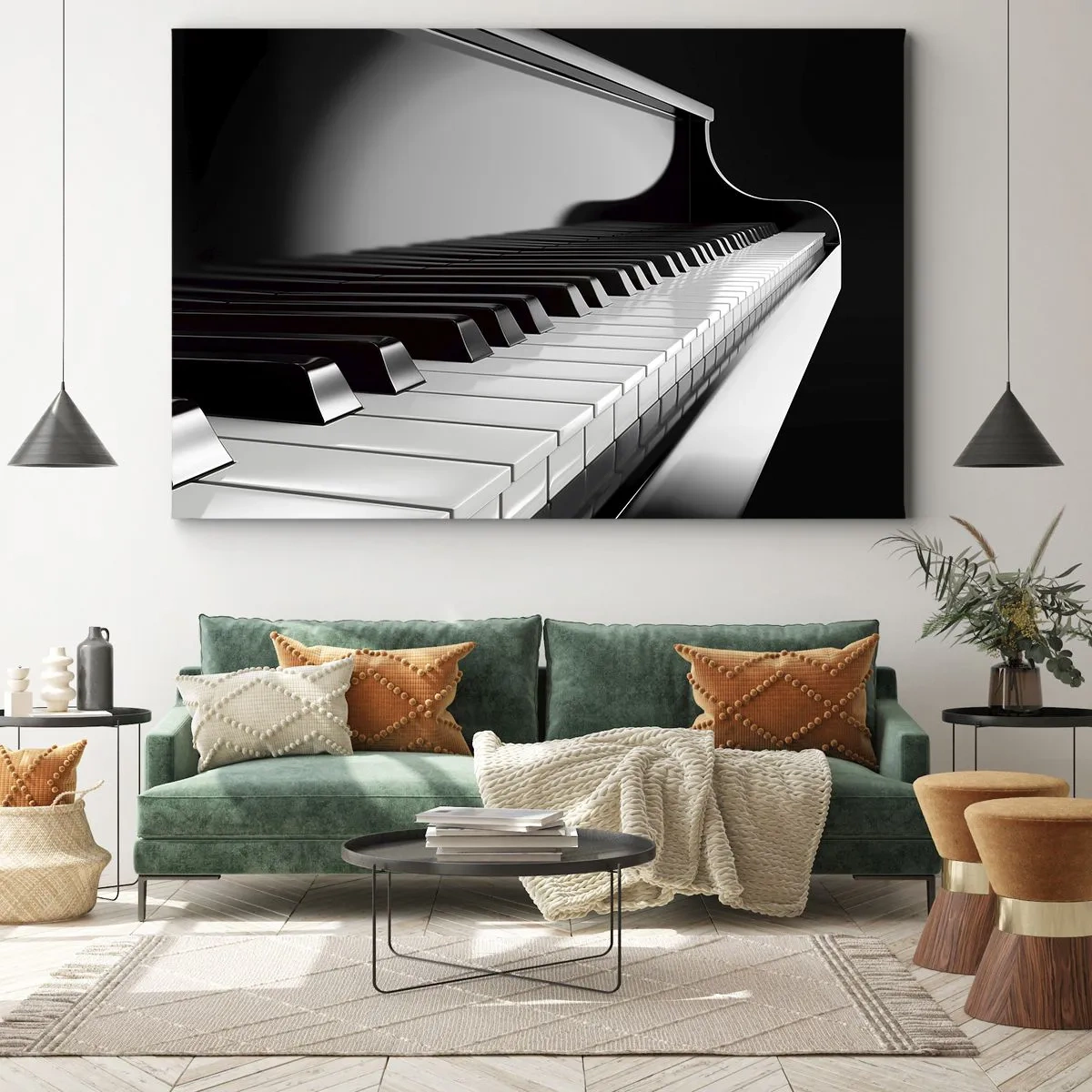 Obraz na plátne - Klávesy klavíra v elegantnej čiernobielej snímke - 70x50cm - Harmónia tvarov a farieb - Moderná nástenná dekorácia do obývacej izby a spálne ARTTOR
