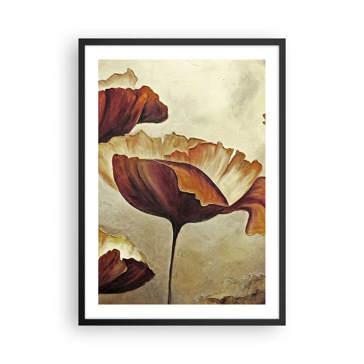 Plagát v čiernom ráme - Obrázok makov v teplých odtieňoch - 50x70cm - Lán lúky - Moderná nástenná dekorácia do obývacej izby a spálne ARTTOR