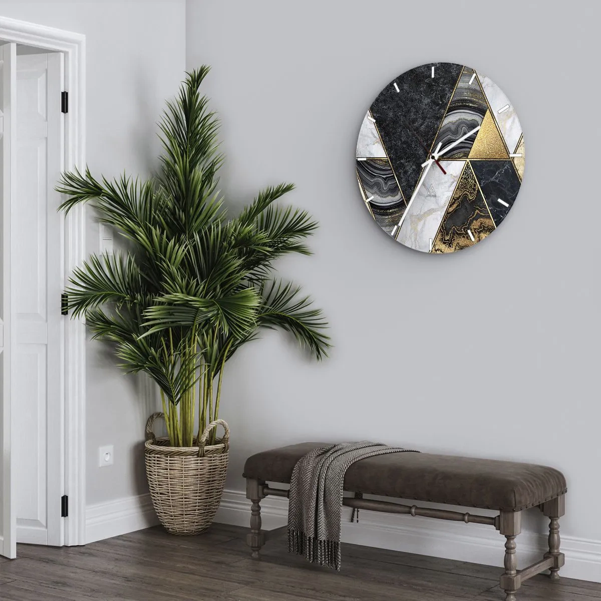 Nástenné hodiny - Zlaté a mramorové trojuholníky v geometrickej mozaike - 30x30cm - Kameň vedľa kameňa - Moderná nástenná dekorácia do obývacej izby, kuchyne a spálne ARTTOR