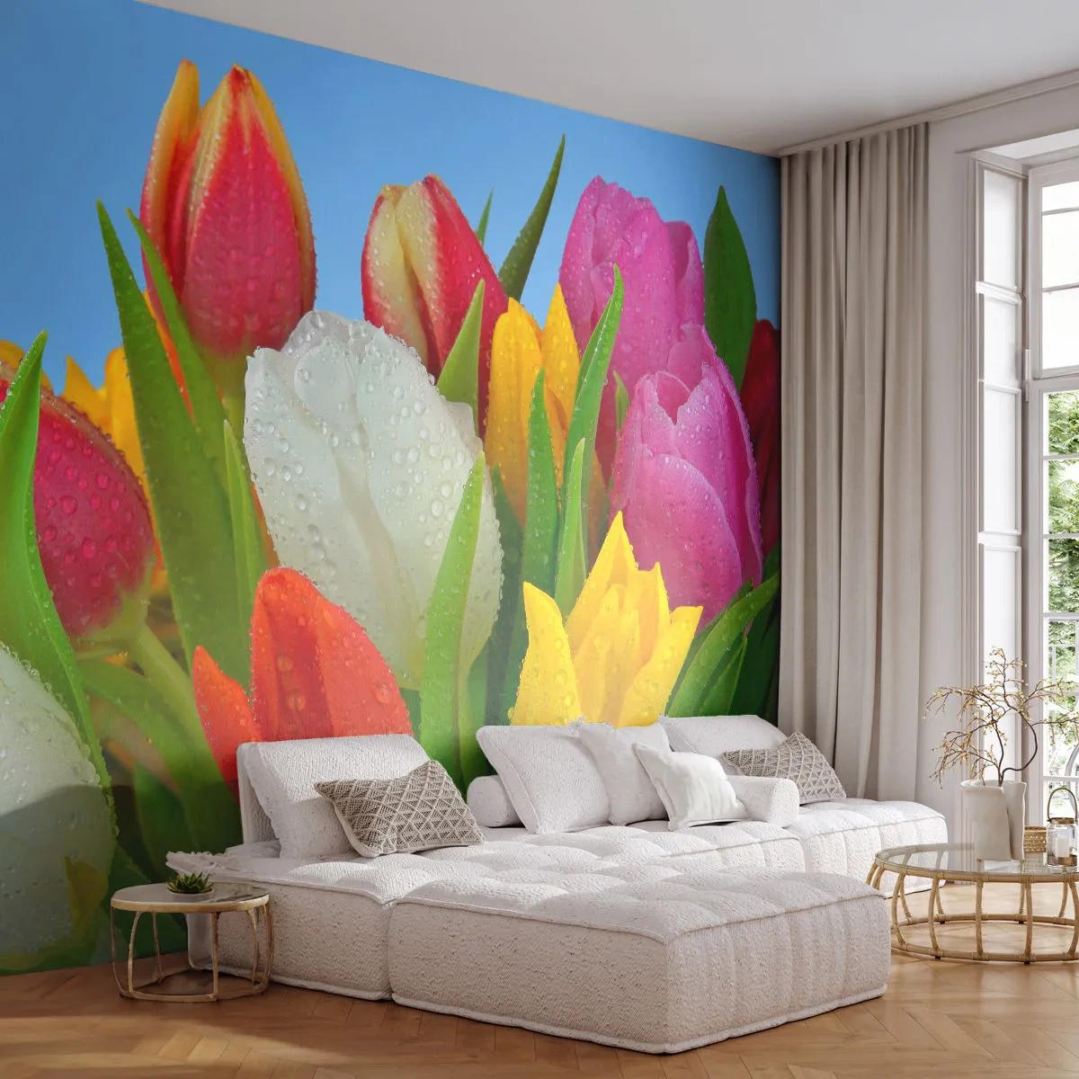 Samolepiaca Fototapeta Deluxe Sticker - Kvetinová dúha v kvapkách rosy - Tulipány, Kvety, Kytica kvetov - 250x175 cm