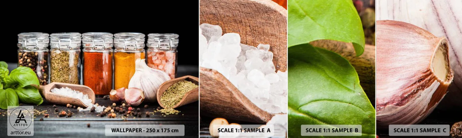 Vzorka samolepiacej fototapety Deluxe Sticker - Aby mal život chuť - Gastronómia, Sušené bylinky, Korenie - 100x30 cm