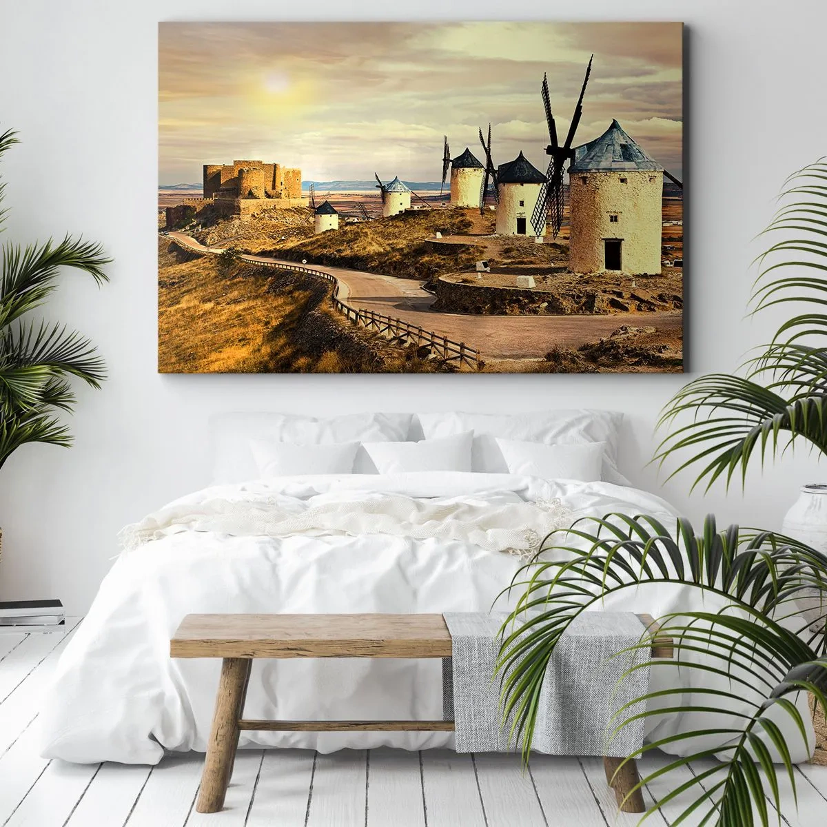Obraz na plátne - Veterné mlyny na kopcoch s historickým hradom v pozadí - 70x50cm - Čoskoro sa objaví Don Quijote - Moderná nástenná dekorácia do obývacej izby a spálne ARTTOR