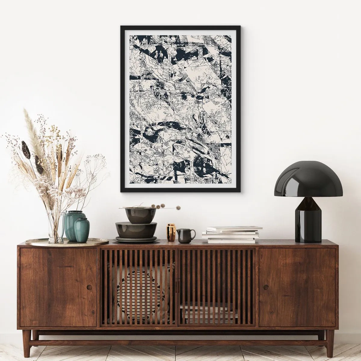 Plagát v čiernom ráme - Abstraktná čiernobiela textúrovaná kompozícia - 50x70cm - Prelínanie protikladov - Moderná nástenná dekorácia do obývacej izby a spálne ARTTOR