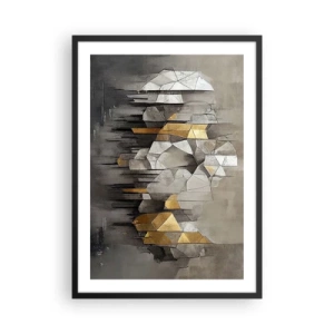Plagát v čiernom ráme - Geometrická abstrakcia v odtieňoch sivej a zlatej - 50x70cm - Kompozícia z ľadu a svetla - Moderná nástenná dekorácia do obývacej izby a spálne ARTTOR